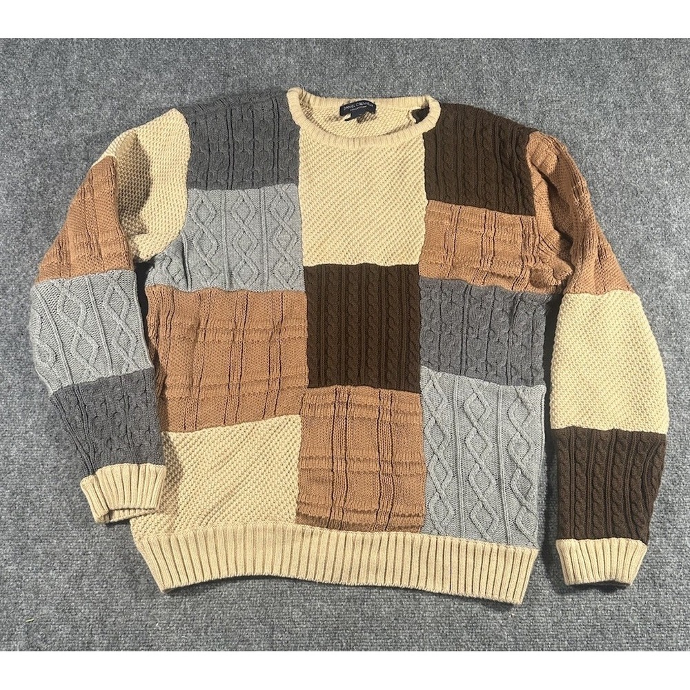 Daniel Cremieux Mens L Cotton Chunky Patchwork Cable Knit Sweater Beige Grandpa